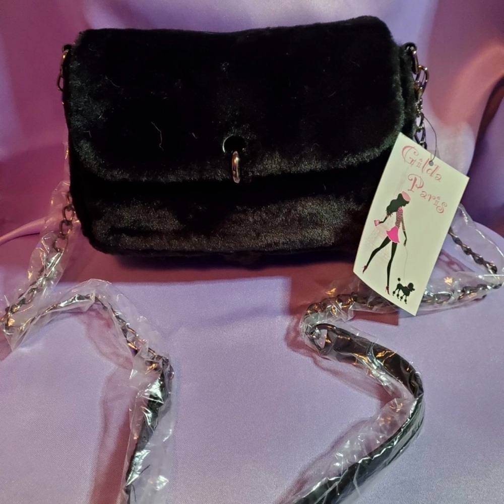Gilda Paris Black Fur Crossbody w/ Leather & Chain Strap MSRP $129